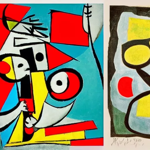 Prompt: picasso and miro showcasing their respective art