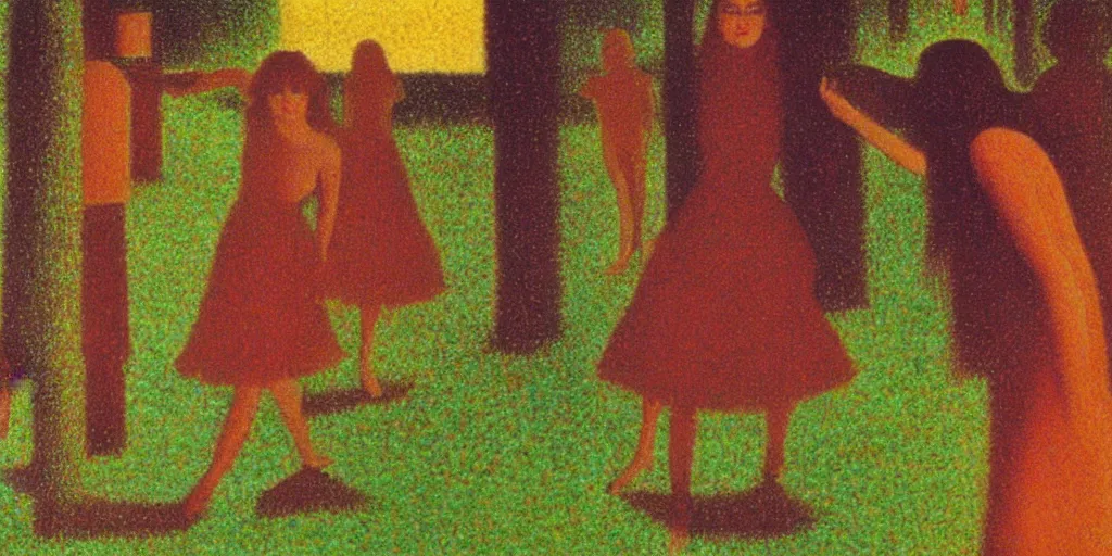 Image similar to a film still of suspiria by dario argento 1 9 7 7 movie, painted by georges seurat, impressionism, pointillism, high quality, detailed, print!, poster,