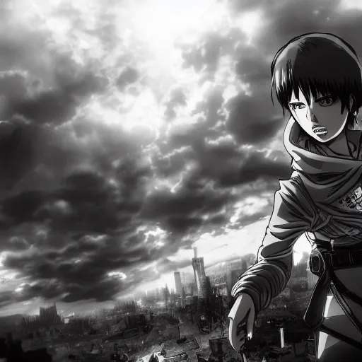 Prompt: attack on titan black and white photo, anime, high detail, 4k, artstation, epic