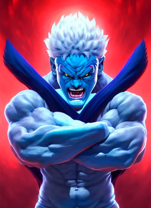 Image similar to symmetry!! portrait of blue akuma, street fighter, global illumination!! intricate, elegant, highly detailed, digital painting, artstation, concept art, smooth, sharp focus, illustration, art by artgerm and greg rutkowski and alphonse mucha