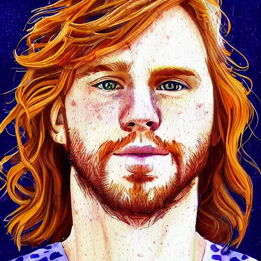 Image similar to auburn strawberry blonde wavy hair american man with freckles, danny hollander dannyjevriend studio ghibli painterly style, portrait symetrical