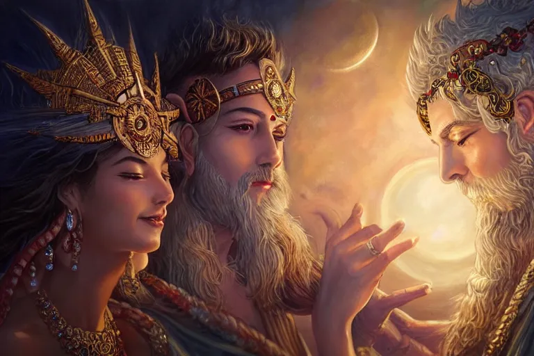 Image similar to close up moment of a divine a sun god and a moon goddess lovers magician at a wedding banquet, highly detailed, d & d, fantasy, highly detailed, digital painting, trending on artstation, concept art, sharp focus, illustration, art by artgerm and greg rutkowski and magali villeneuve