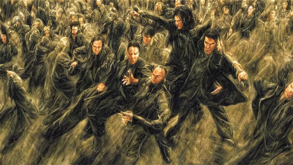 Image similar to an oil painting in the style of alan lee depicting the matrix ( 1 9 9 9 )