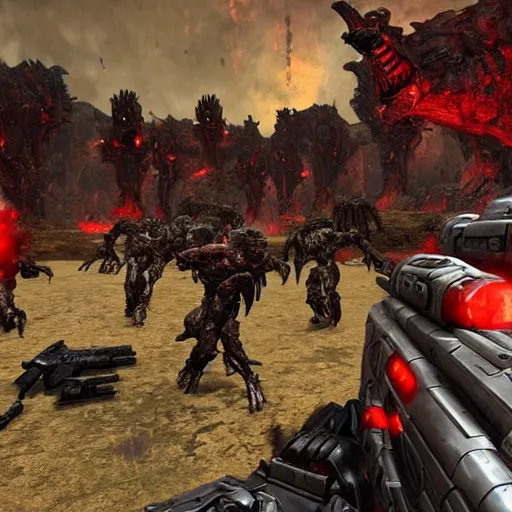 Image similar to bloody hell scene, doom slayer walking on human bloody dead bodies, shooting with heavy bolt rifle towards demons, view from side