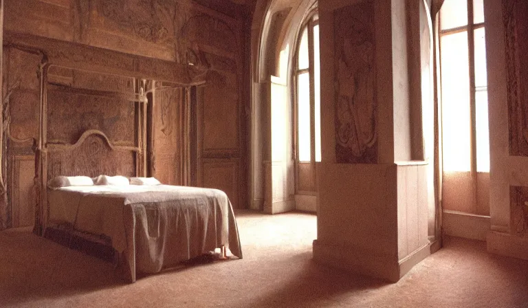 Prompt: A bedroom designed by Donatello, 35mm film, long shot