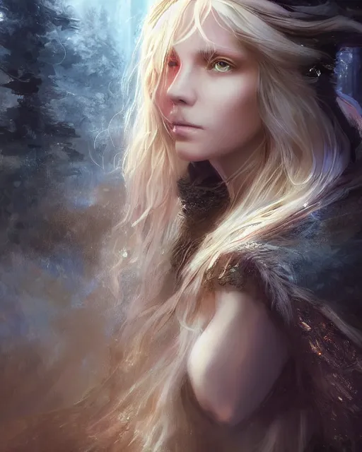 Image similar to cinematic side portrait blonde girl, adventurer outfit large cloak, fantasy forest landscape, dragon scales in hair, fantasy magic, long wavy blonde hair, dark light night, intricate, sharp focus, lens flare, bloom, rim light, illustration, highly detailed, digital painting, concept art, matte, art by ruan jia