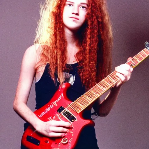 Image similar to 19-year-old woman holding electric guitar, long shaggy red hair, permed hair, stoner rock concert, grunge concert, 1993, VHS quality