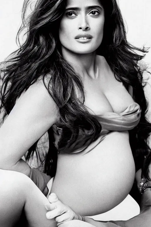 Image similar to salma hayek pregnant, portrait realistic photograph, very detailed face