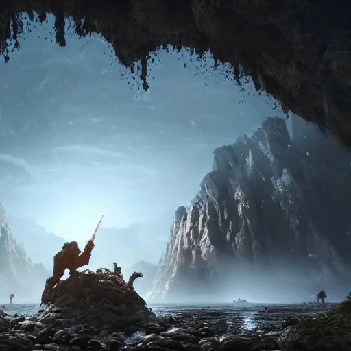 Prompt: cavemen surviving in the wild, volumetric lighting, 8 k octane beautifully detailed render, post - processing, extremely hyper - detailed, intricate, epic composition, cinematic lighting, masterpiece, trending on artstation, detailed detailed detailed, masterpiece, beautiful cinematic light,