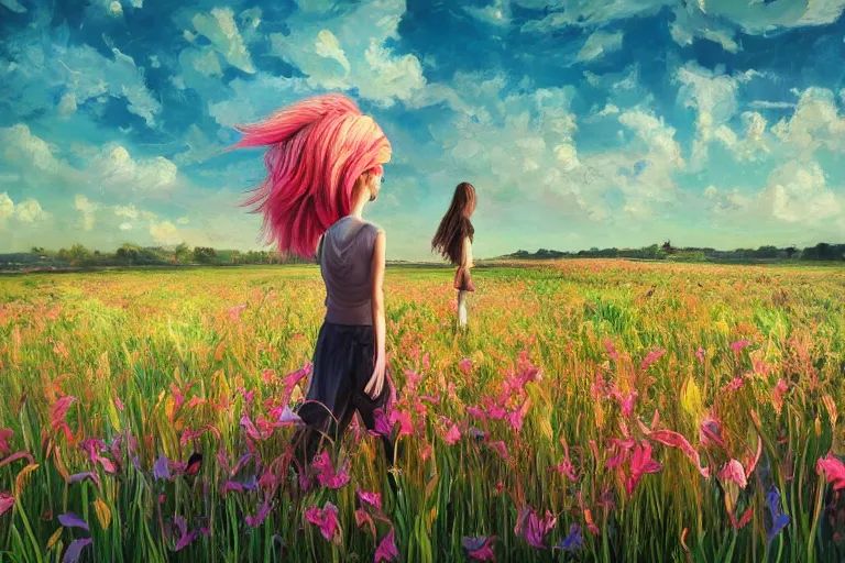 Image similar to giant gladiola head, girl walking in field of flowers, surreal photography, sunrise, blue sky, dramatic light, impressionist painting, digital painting, artstation, simon stalenhag