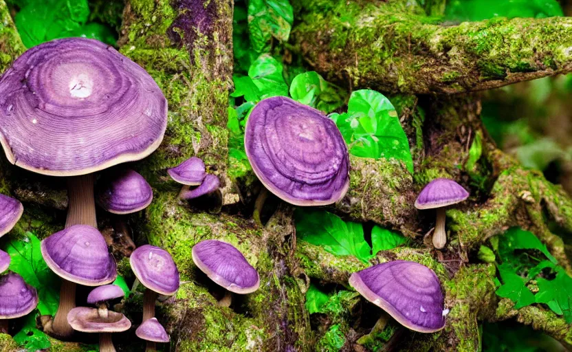 Image similar to a photography of a purple mushroom family in a rainforest, intricate detail, photorealistic