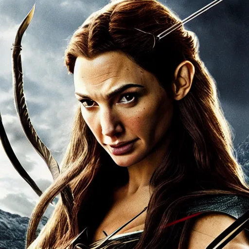 Image similar to Portrait of Gal Gadot starring as Tauriel from The Hobbit, bow and arrow, movie art