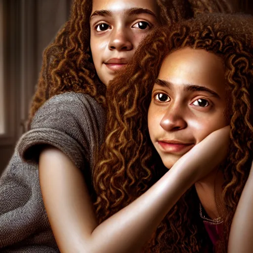 Image similar to intricate beautiful hyperreal portrait of a hermione granger and hermione granger, smiling softly, casual clothes, relaxing on the couch, home interior, golden hour, close up shot, 8 k, art by irakli nadar, hyperrealism, hyperdetailed, ultra realistic