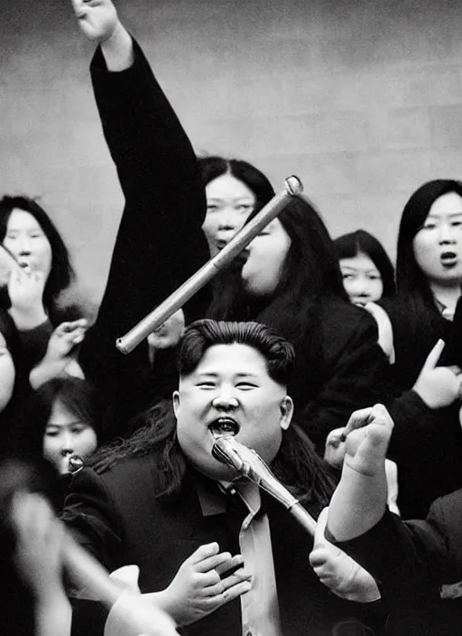 Prompt: “Long-haired Kim Jong-Un performing on a concert stage singing with a death metal band. Crowd of people watching. Spotlights, smoke. Photograph.”