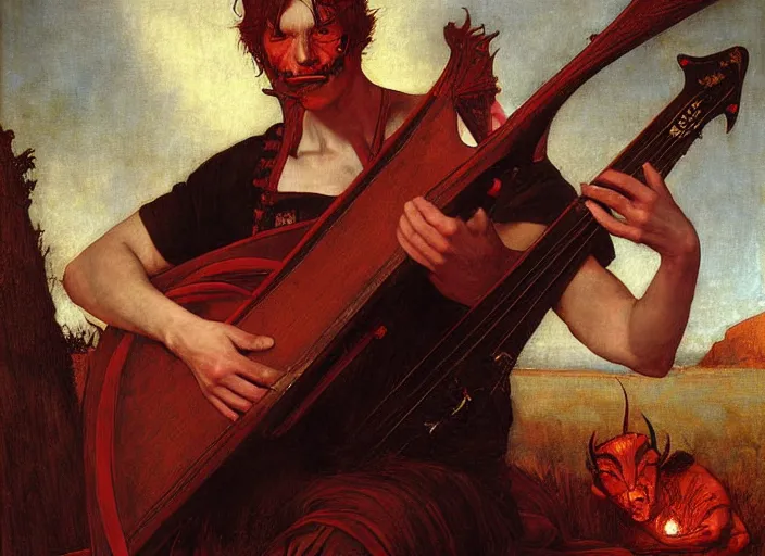 Prompt: a devil with red skin and horns. the red devil is bard playing lute. edgar maxence and caravaggio and michael whelan and delacroix style, artistic, intricate painting, cinematic lighting, hyper realistic, extremely detailed, vivid colors, establishing shot, dramatic lighting