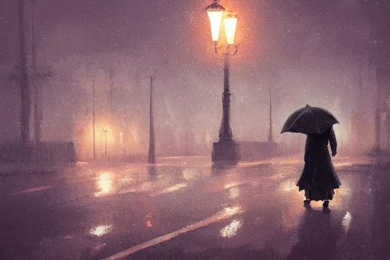 Image similar to lonely road of moscow at night with a single lamp post, walking woman with umbrella, artstation, detailed, by greg rutkowski,