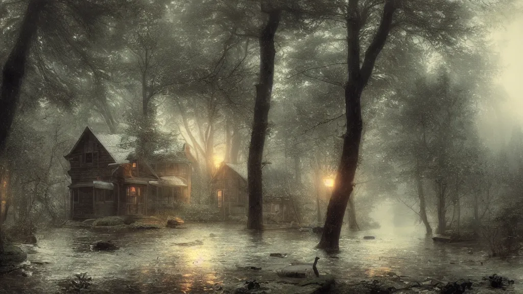 Image similar to [ a cabin in the woods, raining ] andreas achenbach, artgerm, mikko lagerstedt, zack snyder, tokujin yoshioka