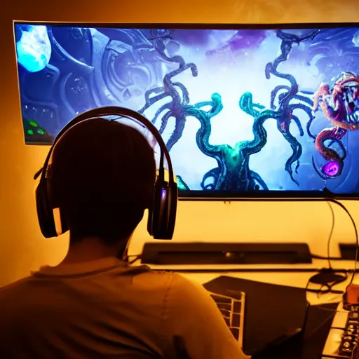Prompt: view from behind of an eldritch lovecraftian cosmic horror wearing headset watching monitor displaying fortnite, intricate detail, cinematic composition