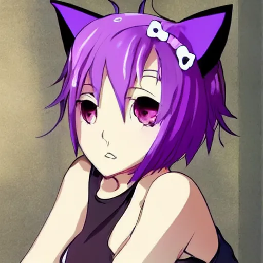 Image similar to anime girl with short purple hair and cat ears and a black tank top, aesthetic