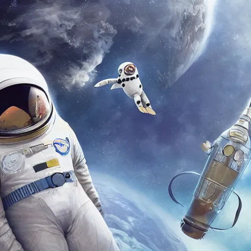 Image similar to penguin in an astronaut suit, floating in space, movie by nuri iyem, james gurney, james jean, greg rutkowski, anato finnstark. pixar. hyper detailed, 5 0 mm, award winning photography