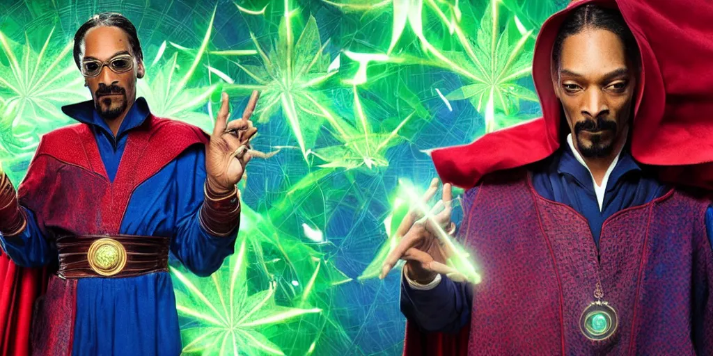 Image similar to snoop dogg as the doctor strange, marijuana leaves, green light, highly detailed, marvel cinematic universe, mcu, photo