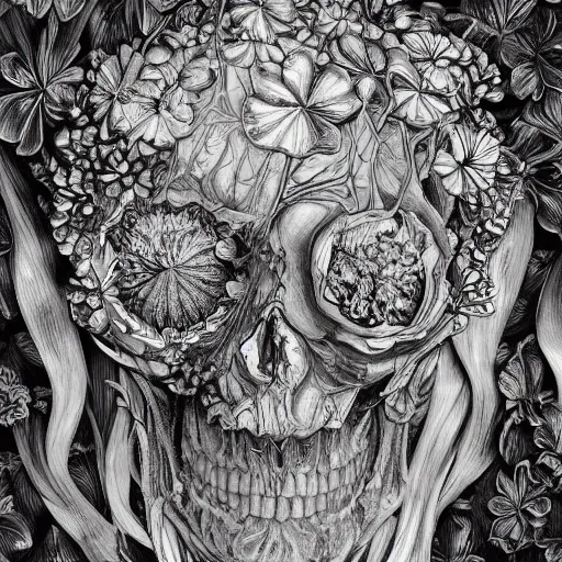 Prompt: a beautiful detailed photo of a rotten woman corpse morphing into fractal plants and fractal flowers and mushrooms, skull, 🌺, face muscles, veins, anatomical, intricate, ornate, volumetric light, beautiful lit, beetlejuice