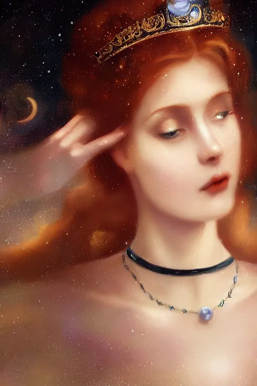 Prompt: Nocturne, glowing, stars, a long-legged elegant sultry woman, long auburn hair, pearl choker, tiara, highly detailed, mysterious, ethereal, dressed in black velvet, haute couture, illustration, dramatic lighting, soft details, painting, by Edmund Blair Leighton, Brom, Charlie Bowater, trending on artstation, faces by otto schmidt