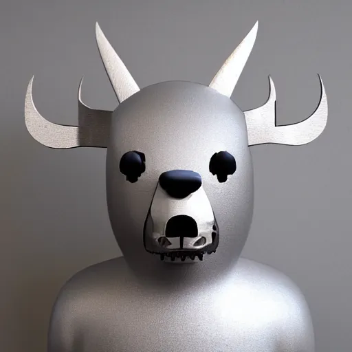 Image similar to a mechanical bear with horns, minimalist style, metal, 3D art