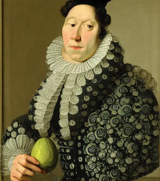 Image similar to Portrait of an elegant man dressed as an avocado, intricate fabric patterns, artwork by Pieter Claesz