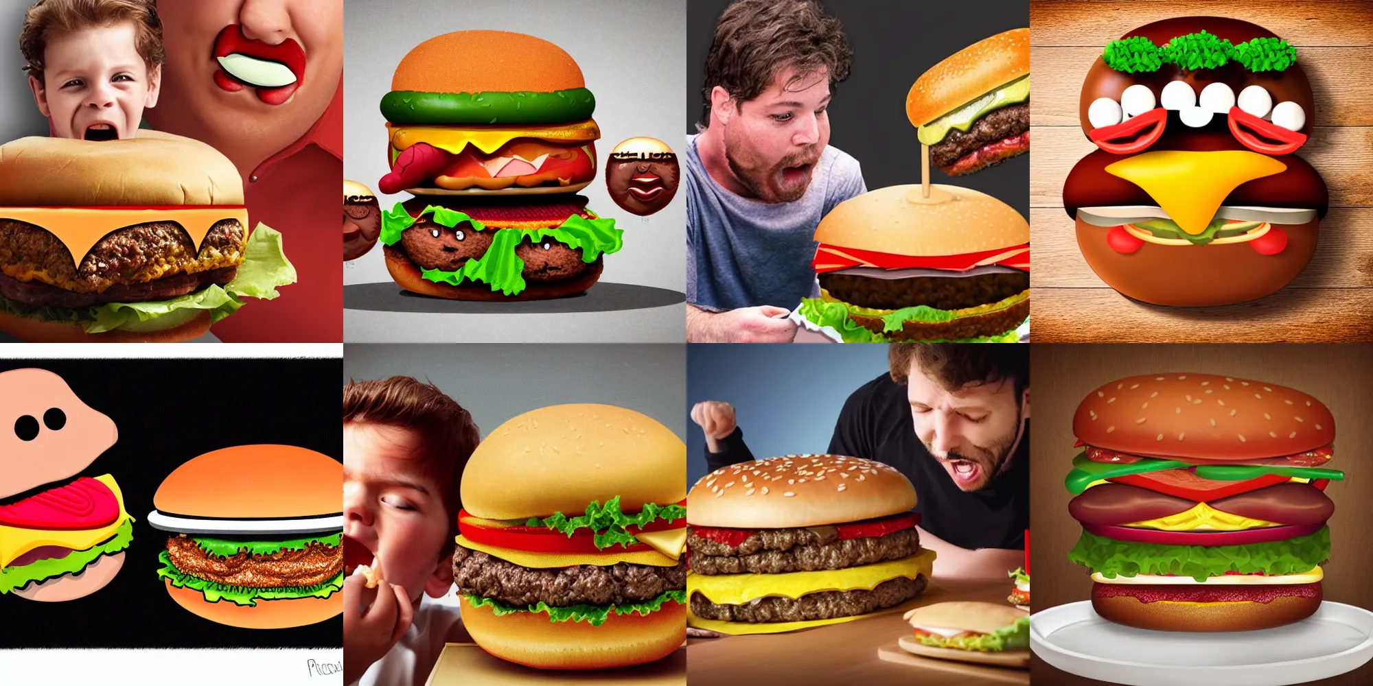 Prompt: a big hamburger eating a man photorealistic hamburger with teeths and a mouth eating a tiny human