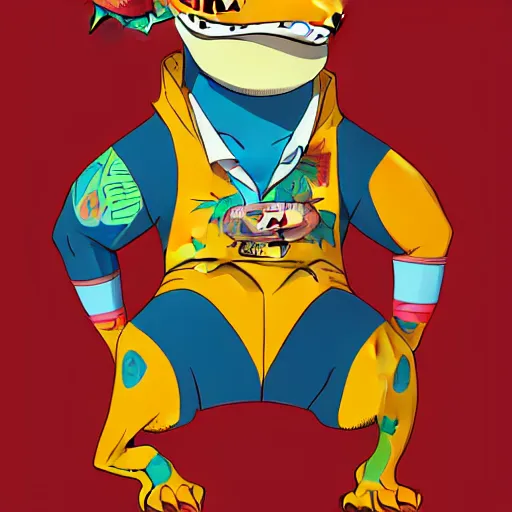 Image similar to in the style of artgerm, loish and ross tran, anthropomorphic alligator, symmetrical face, symmetrical eyes, red scales on his back, yellow scale on his belly and chest, male, waring a hawaiian shirt, in the style of zootopia