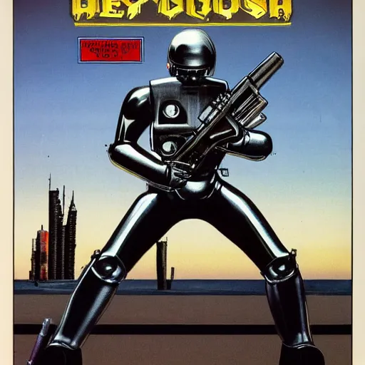 Prompt: 1 9 8 0's heavy metal album art, a shiny reflective detailed chrome android holding a giant rifle - style blaster rifle designed by ridley scott inside a 1 9 8 0's mall