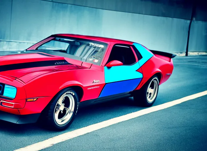 Image similar to retro wave picture of a black camaro mach 1, red and blue reflections, backlit, soft focus