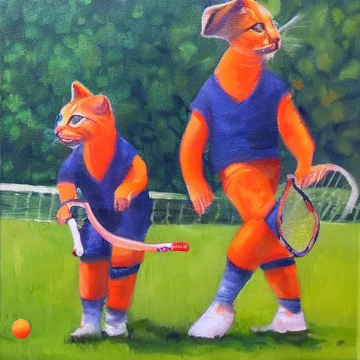 Prompt: Twee katten spelen tafeltennis voor oranje achtergrond, oil painting