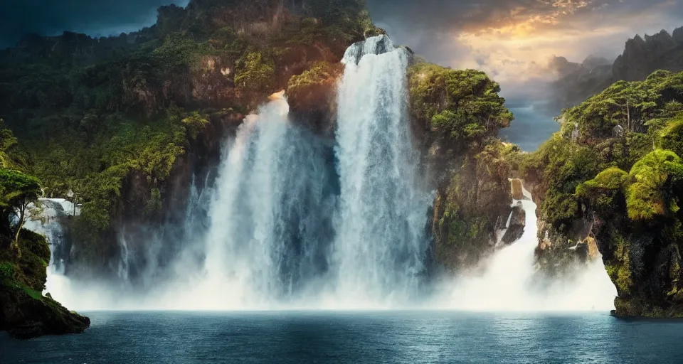 Prompt: A magnificent flying island in the sky above the sea, waterfall falling down, epic lighting, epic composition, cinematic, highly detailed, 4k