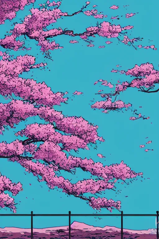 Prompt: concept art painting of a lush cherry blossom tree in winter, moebius, inio asano, toon shading, cel shading, calm, tranquil, vaporwave colors,