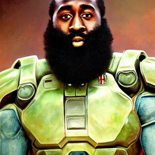 Prompt: ultra realistic portrait painting of james harden as master chief, art by frank frazetta, 4 k, ultra realistic, highly detailed, epic lighting