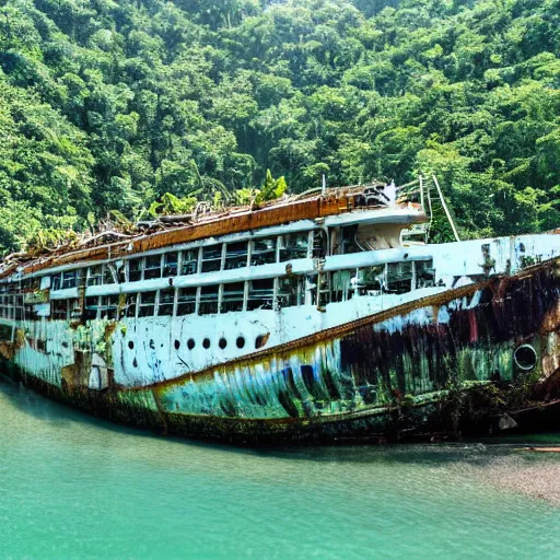 Prompt: an abandoned cruise ship in a jungle