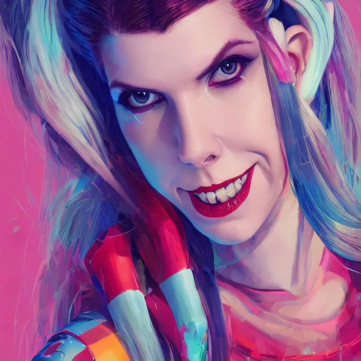 Image similar to portrait of Anna Kendrick as harley quinn. intricate abstract. intricate artwork. by Tooth Wu, wlop, beeple, dan mumford. octane render, trending on artstation, greg rutkowski very coherent symmetrical artwork. cinematic, hyper realism, high detail, octane render, 8k, iridescent accents