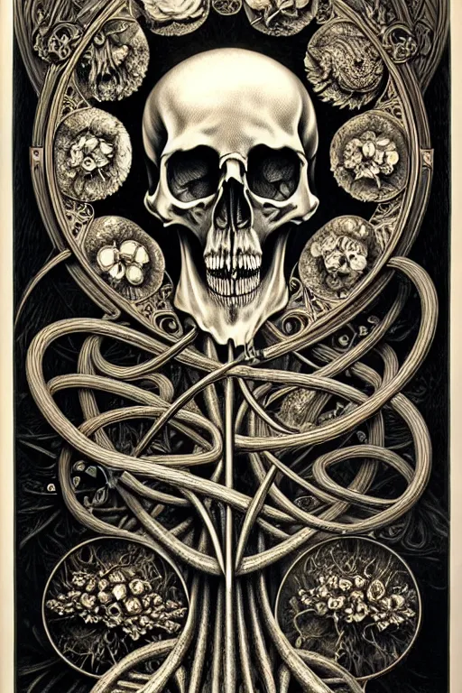 Image similar to detailed realistic memento mori lithograph by cameron gray and ernst haeckel, gothic ornament, skulls, bones, art nouveau, neogothic, ornate art nouveau botanicals, horizontal symmetry, polished