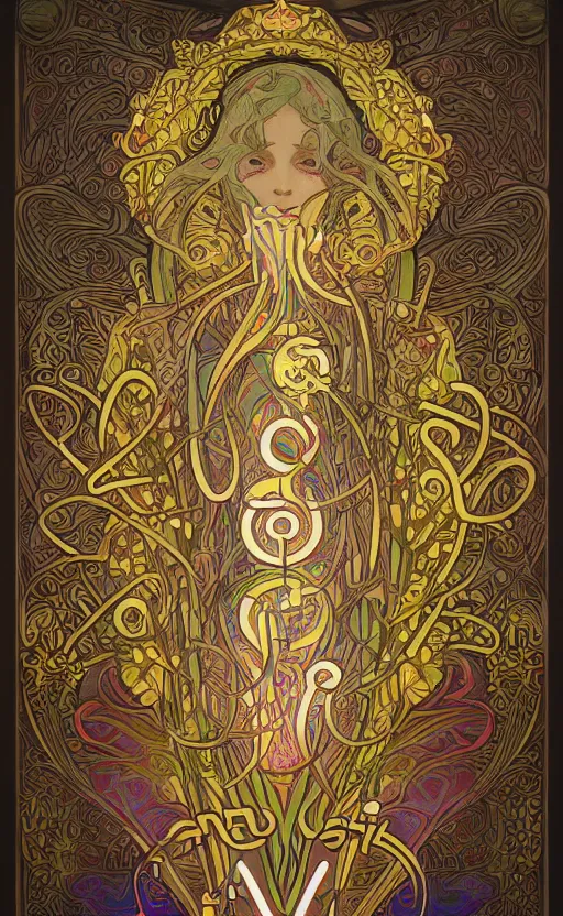 Prompt: code : art nouveau, alphonse mucha, glowing, runes, neon, pastel, floral print pattern, epic, 3 ds max + v - ray, deep depth of field, elegant, dark background, symmetrical, extremely detailed