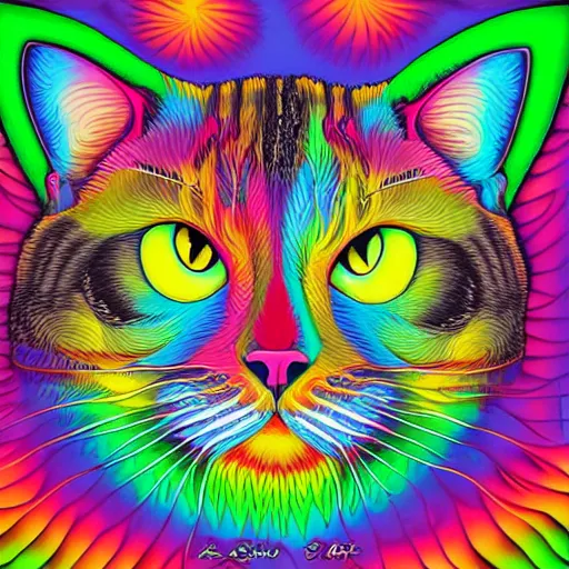 Prompt: a psychedelic image of a cat and a person standing in front of it, poster art by lisa frank, featured on deviantart, psychedelic art, psychedelic, mystical, hypnotic