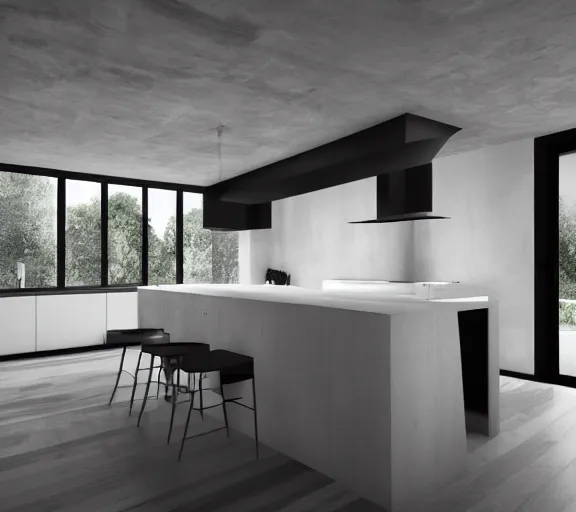 Image similar to brutalist black house kitchen with 2 islands interior design minimalist organic, organic architecture furniture open space high quality octane render blender 8 k