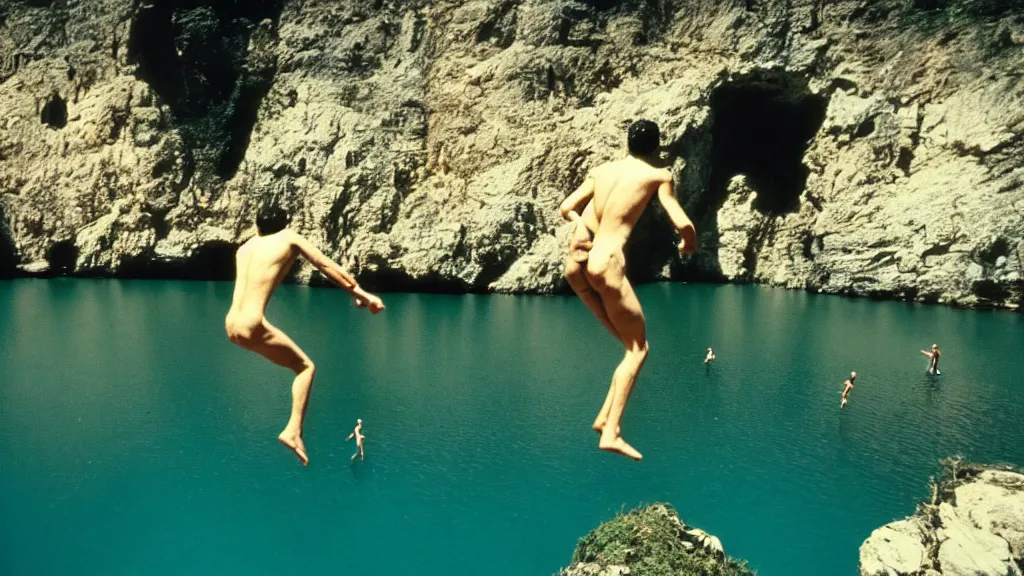 Prompt: a man cliff jumping into waters that are actually a portal to another dimension, film still from the movie directed by Wes Anderson and Jacques Tati with art direction by Salvador Dalí, wide lens