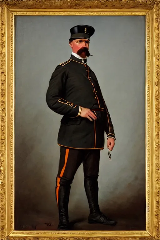 Prompt: full body portrait of the dictator of the oklahoma city thunder, 1 8 8 9, in full military garb, oil on canvas by william sidney mount, trending on artstation