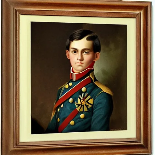 Image similar to portrait of handsome dark haired teenager in napoleon army uniform in Russian empire by Orest Kiprensky,