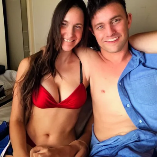 Image similar to photo of a 4 0 year old man that looks young for his age dating a very attractive 2 2 year old woman wearing a bikini. they in a college dorm.