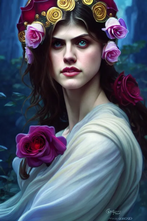 Prompt: photography alexandra daddario as a rose flower, dreamy, moonlight, deep focus, d & d, fantasy, complex, elegant, highly detailed, digital painting, artstation, concept art, matte, clear focus, illustration, hearthstone, artgerm art, greg rutkovsky and alphonse mucha