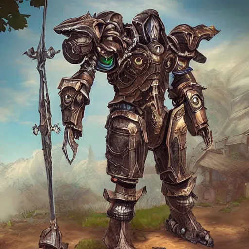 Image similar to “digital painting of a fantasy hero in highly detailed, very intricate mech armor in a farming village.”