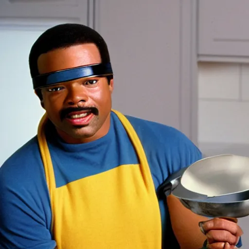 Image similar to Geordi LaForge wearing visor and a colander and random kitchen tools on his head